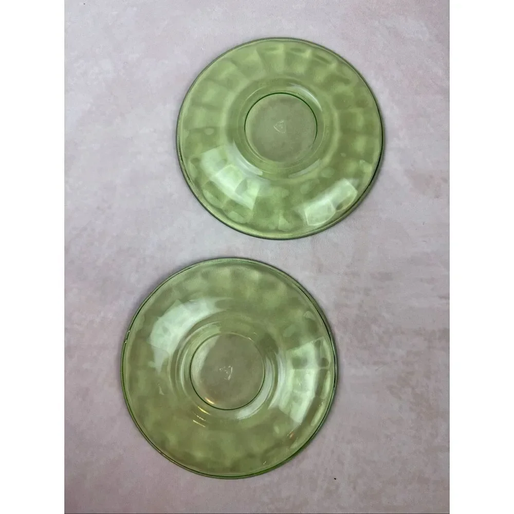 Vintage Federal Green Depression Uranium Glass Saucers Plates 5.5 Inch Set of 2